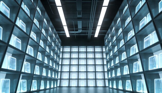 Glowing central grid wall filling high-tech archive chamber, with modular shelving and LED lights