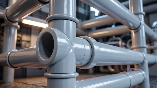 Industrial gray pvc pipes with t joint connector in factory setting with blurred background