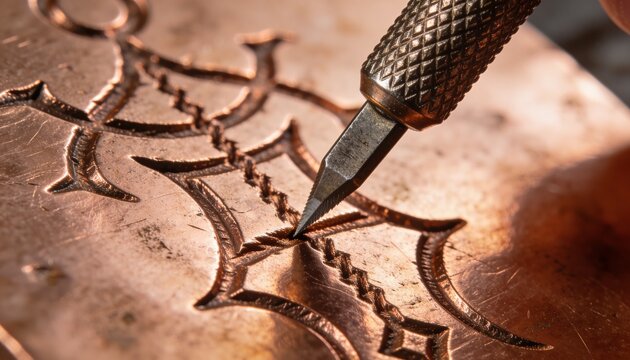 Engraving graver tip cutting zigzag into copper plate at workbench, knurled handle, filings