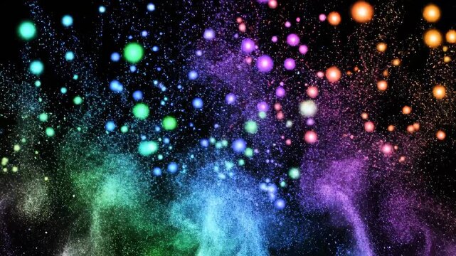 Vibrant explosion of multicolored particulate matter and luminous spheres cascades across a dark void, creating a dazzling cosmic display of ethereal energy and abstract cosmic dust