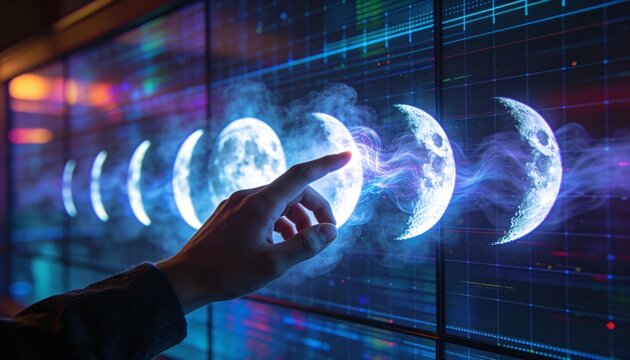 Touching hand in dark sleeve tapping hologram moon phases on wall display, creating particle trails