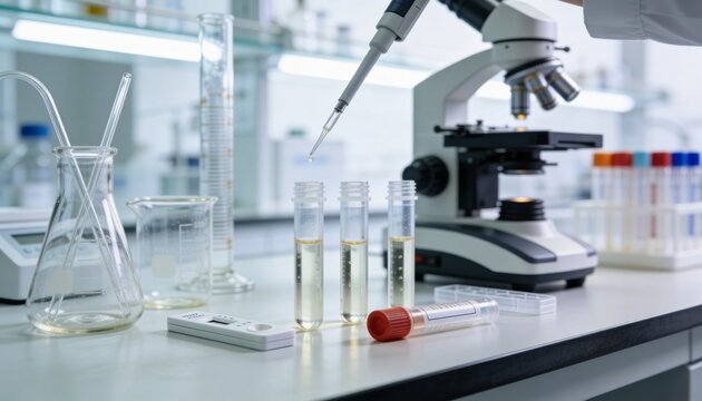 Gloved tech wearing white lab coat pipetting into three test tubes at lab bench with micropipette