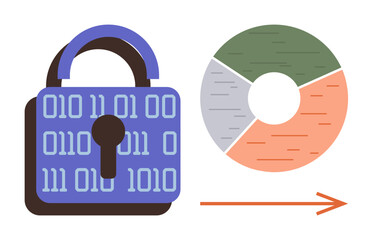 Data security, encryption, cybersecurity, data management, information analysis, secure transfer. A digital padlock with binary code beside a pie chart and arrow. Data security and encryption concept © robu_s