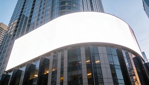 Displaying curved blank LED billboard wrapping podium in city, with glass facade and lit windows