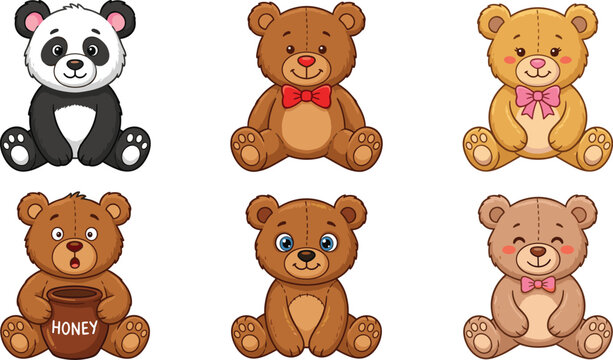 Cute Teddy Bear and Panda Cartoon Toy Collection with Sitting Plush Animal Characters Vector Illustration Set for Kids