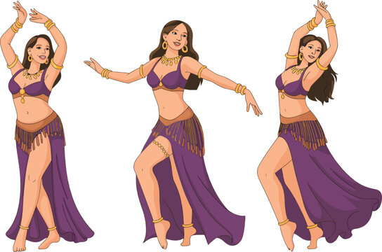 Belly dancer poses illustration set, generic performer in purple costume isolated on transparent background for dance and cultural design.