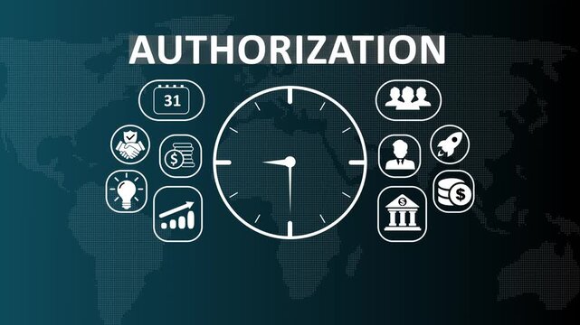 Digital Authorization and access control management concept animation featuring icons for user permission, secure security clearance, and corporate database identity verification.