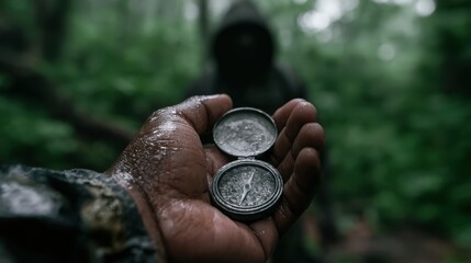 Naklejka premium Close-up of a hand holding a silver compass in a dense green forest with a blurred figure in dark outdoor clothing in the background during rainy weather