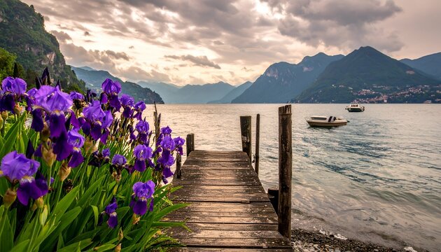 Lakeside dock with irises, leading to boats and misty mountains under cloudy sky