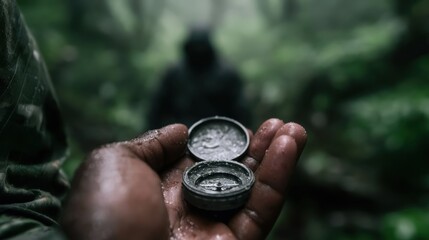 Naklejka premium Close-up of wet hand holding open compass with blurred figure in background during forest survival adventure in rainy weather conditions