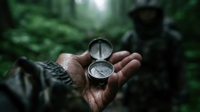Close-up of hand holding compass with weathered surface in dense forest with blurred figure in camouflage in background exploring wilderness navigation
