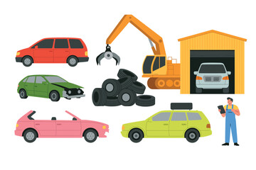 Obraz premium Car dump icons illustration set, generic scrap metal damaged vehicles rusty automobiles and recycling elements for industrial waste design.