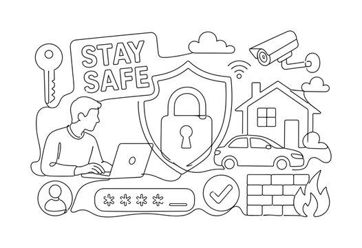 Safety Security Protection Line. Clean one-line drawing composition of a user at a laptop beside an oversized shield and padlock protecting a house and car, with key, firewall brick, cctv camera,
