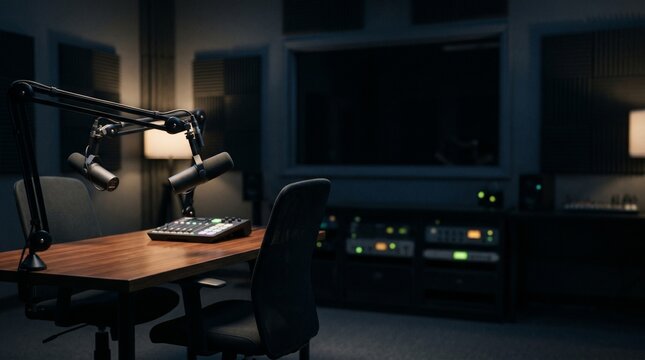 Professional recording studio setup with microphones for radio broadcast