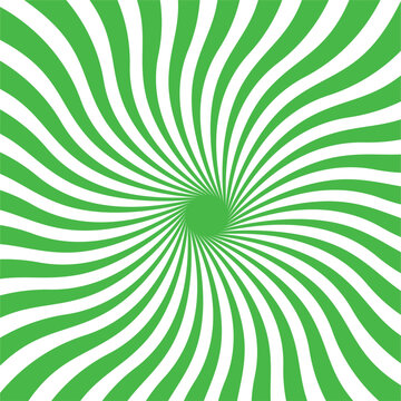 Green and white abstract swirl background, hypnotic spiral sunburst pattern, radial curved rays texture.