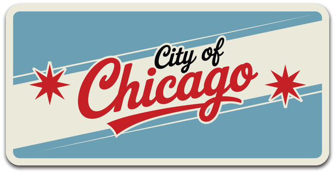 Chicago travel plate illustration set, generic vintage city postcard sign with flag stars and retro souvenir design elements