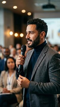 An articulate speaker with a microphone passionately addresses the audience, conveying knowledge and insights during a conference.