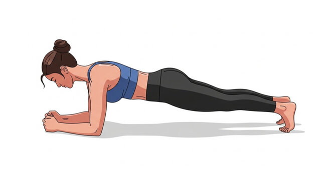 Woman performing a forearm plank exercise on a white background.