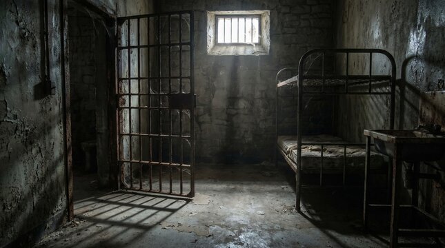 Abandoned prison cell with rusty metal bunk bed and barred door in dim light