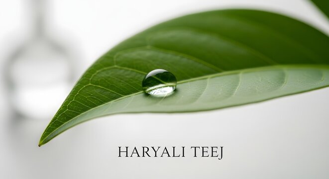 Haryali Teej Festival Poster Background with a Fresh Green Leaf and Sparkling Water Droplet, perfect for seasonal marketing and celebration designs.