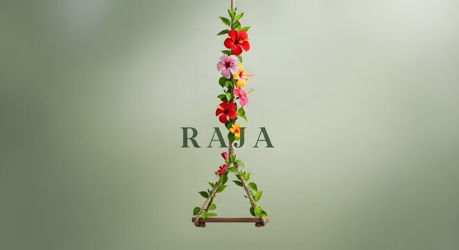 Raja Parba Celebration Poster Background with Floral Decorated Swing and Tropical Flowers