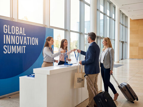 Business people checking in at global innovation summit registration desk