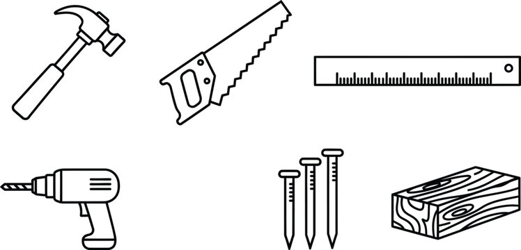Line of carpentry tools and including hammer, saw, ruler, drill, nails, and wood block
