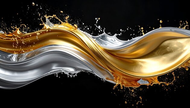 Swirl of gold and silver fluids colliding against a black backdrop