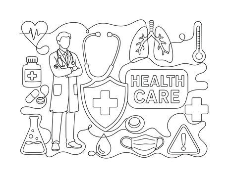 Health Medicine Care. Clean one-line drawing banner composition with a doctor beside an oversized stethoscope and a large medicine shield, a thermometer, lungs, blood drop, mask, laboratory flask,