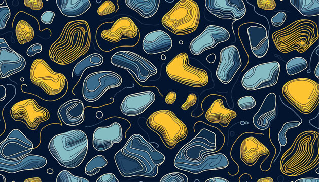 abstract rock whimsical seamless pattern in yellow and blue, seamless lines pattern