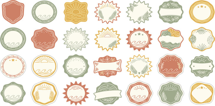 Retro Summer Label and Badge Collection Featuring Tropical Sunsets, Ocean Waves, and Botanical Elements for Vintage Brand Identity and Coastal Product Packaging Designs