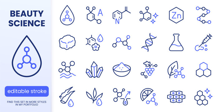 Skincare ingredient line icon set. Molecule, vitamin, serum, collagen, crystal minimal vector illustrations. Simple outline signs for cosmetic and dermatology. Blue duotone color. Editable Stroke.