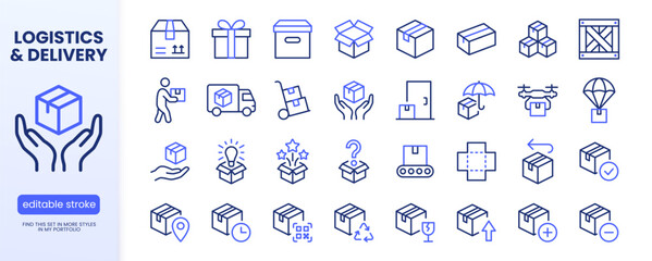 Fototapeta premium Boxes line icon set. Package, delivery, warehouse, truck, freight location tracking minimal vector illustrations. Simple outline signs for logistics service. Blue duotone color. Editable Stroke.