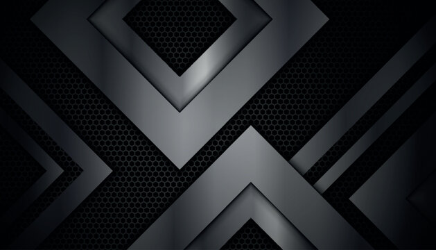 Dark abstract background with overlapping shiny metallic square shapes. Modern design with futuristic hexagonal grid pattern background. Vector illustration vol. 3