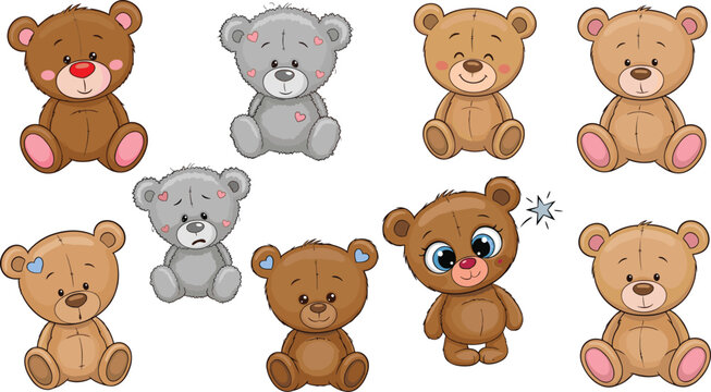 Cute teddy bear cartoon character collection with different emotions and adorable plush toy designs vector illustration isolated on white background