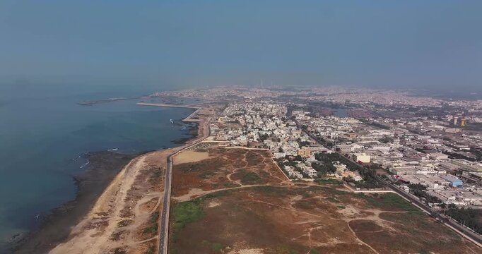 Aerial view of Veraval in the Gir Somnath district of Gujarat, India. Located along the western coast of the Arabian Sea,