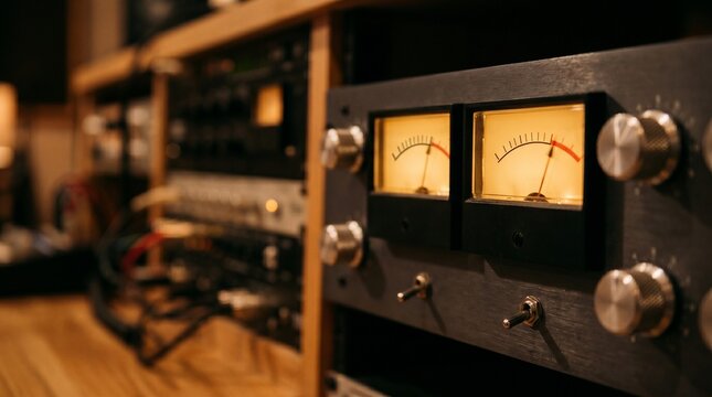 Analog audio equipment with glowing VU meters in a professional studio