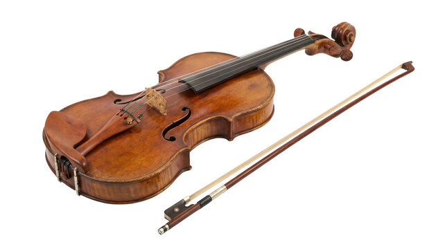 Classic wooden violin with bow musical instrument PNG transparent background