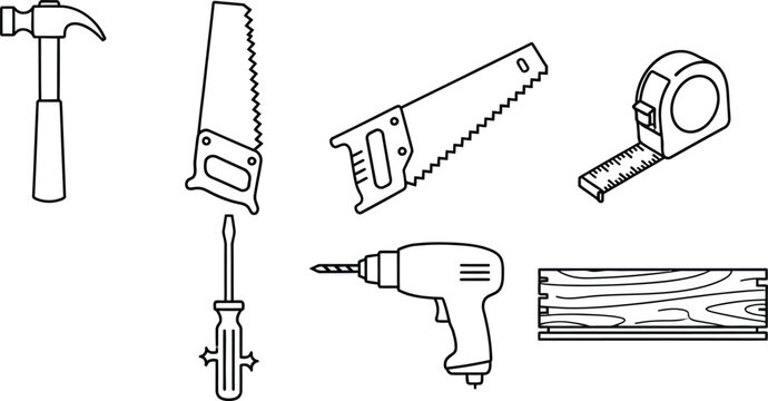 Line of carpentry tools and wood, including a hammer, handsaw, tape measure, drill, screwdriver, and plank