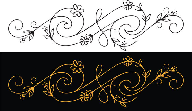 Elegant S-Curve Floral Flourish Border Set in Black and Gold Ornate Swirls for Luxury Decorative Page Dividers