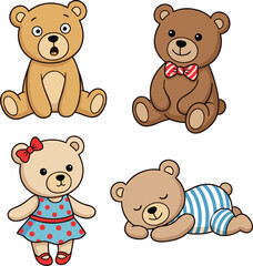Fototapeta premium Cute teddy bear cartoon character collection with sleeping sitting and dressed bear toys vector illustration isolated on white background