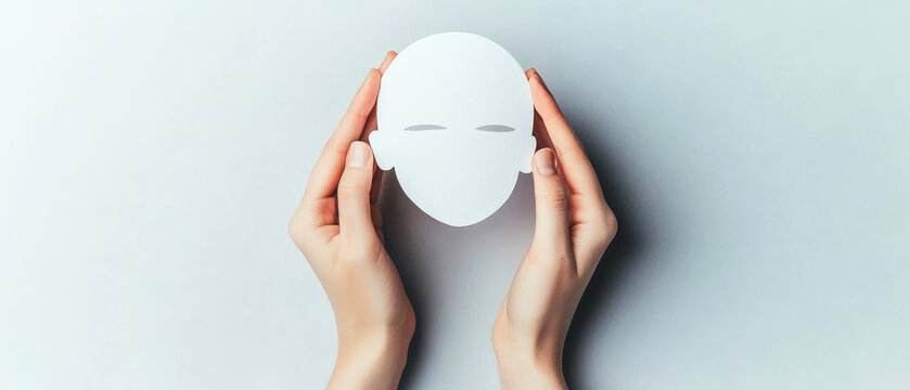 Close up of hands holding a plain white face mask against a light background, representing identity, anonymity, and mental health concepts