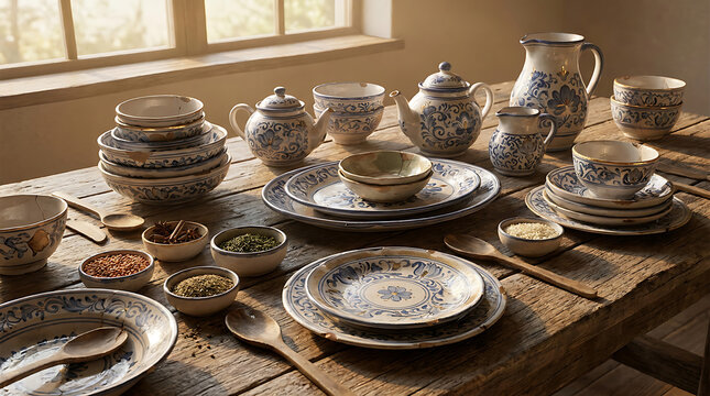 A rustic wooden table set with blue and white floral ceramic tableware including teapots, bowls, plates, and pitchers in a sunlit kitchen environment
