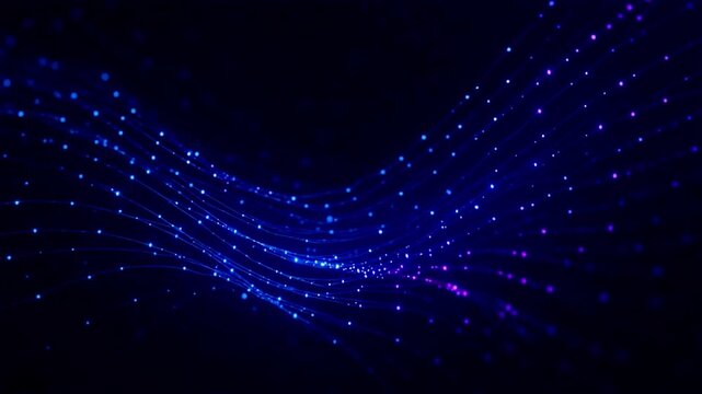 Blue and purple particle lines waving across a dark background with bokeh lighting effects.