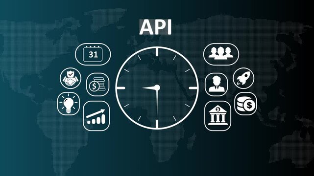 Advanced API application programming interface technology concept animation featuring digital icons for software integration, seamless data exchange, and network communication dashboard.
