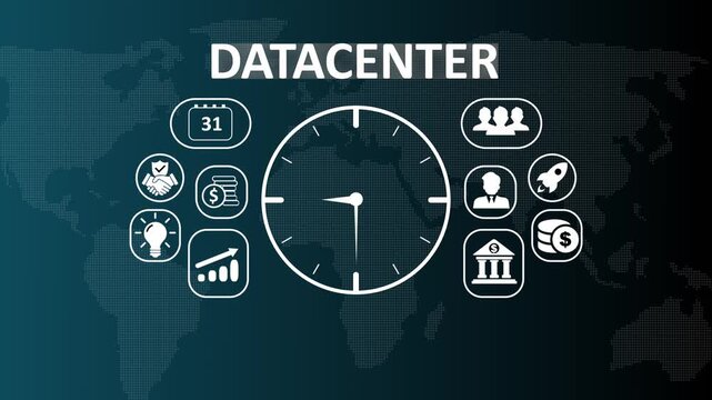 Modern Datacenter and cloud storage infrastructure technology concept video showing digital icons for server management, big data processing, and enterprise networking solutions.