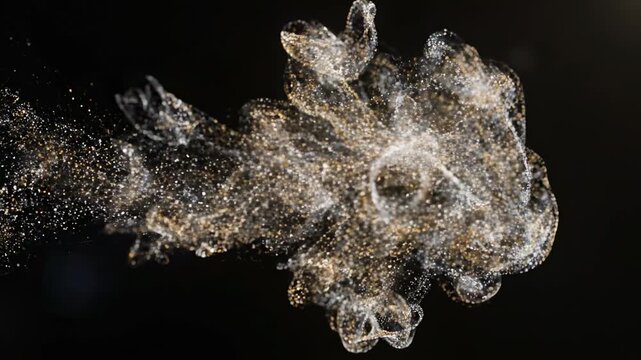 Dynamic swirling cloud of luminous shimmering particles suspended in darkness, creating an ethereal and fluid abstract energy formation with a vibrant glowing effect, perfect for cosmic