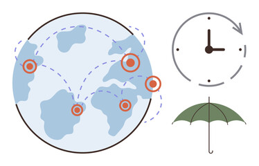 Fototapeta premium Globalization, logistics, time planning, risk management, weather protection, international business. Globe with connections, clock and umbrella. Globalization and time management concepts