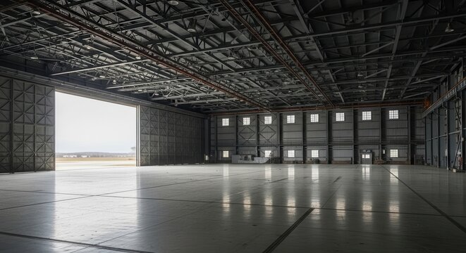 Vast abandoned aircraft hangar interior with open doors, concrete floor, and industrial metal structure