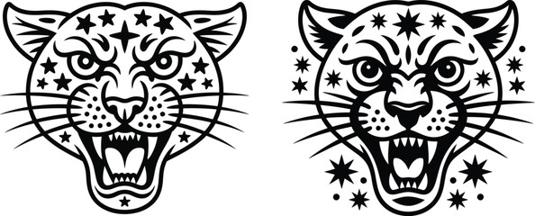 Obraz premium Leopard head graphic illustration with stars and whiskers tattoo style wild cat art black and white predator whiskers wildlife celestial decorative